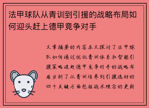 法甲球队从青训到引援的战略布局如何迎头赶上德甲竞争对手
